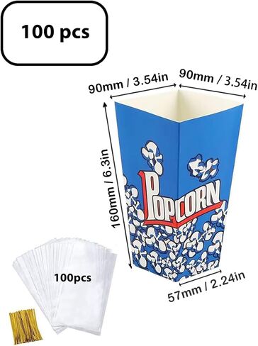 مربعات الفشار 50sets حاويات مربع الفشار صناديق الحلوى من الورق المقوى مع أكياس مربع الفشار الصافية أحواض الفشار صناديق علاج يمكن التخلص منها لزخارف لوازم الأفلام الحزبية (الأزرق+أكياس صافية 50Set) in Kuwait