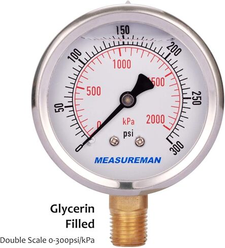 MEASUREMAN 2-1/2" Dial Size, Glycerin Filled Pressure Gauge, 0-160psi/kpa, 304 Stainless Steel Case, 1/4" NPT Lower Mount 2 Pack in Kuwait