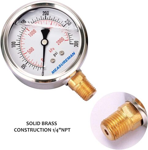 MEASUREMAN 2-1/2" Dial Size, Glycerin Filled Pressure Gauge, 0-160psi/kpa, 304 Stainless Steel Case, 1/4" NPT Lower Mount 2 Pack in Kuwait