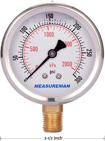 MEASUREMAN 2-1/2" Dial Size, Glycerin Filled Pressure Gauge, 0-160psi/kpa, 304 Stainless Steel Case, 1/4" NPT Lower Mount 2 Pack in Kuwait
