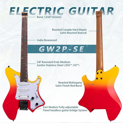 EART GW2P-SE Headless Electric Guitar, Solid Electric Guitar,Carbon-Roasted Hard Maple Neck Fully Adjustable Bridge, Satin Finish in Kuwait