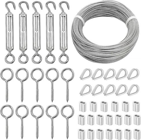 KNLN/304 Stainless Steel 66ft Wire Rope Kit with M5 Turnbuckle Tension Hook and Eye Screw,1/16 Wire Rope Thimbles,Wire Rope Crimping Loop Sleeves for Cable Railing Clothesline DIY Balustrades etc in Kuwait