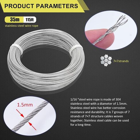 KNLN/304 Stainless Steel 66ft Wire Rope Kit with M5 Turnbuckle Tension Hook and Eye Screw,1/16 Wire Rope Thimbles,Wire Rope Crimping Loop Sleeves for Cable Railing Clothesline DIY Balustrades etc in Kuwait