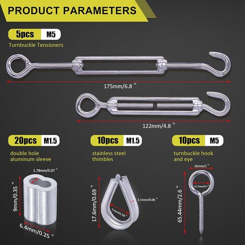 KNLN/304 Stainless Steel 66ft Wire Rope Kit with M5 Turnbuckle Tension Hook and Eye Screw,1/16 Wire Rope Thimbles,Wire Rope Crimping Loop Sleeves for Cable Railing Clothesline DIY Balustrades etc in Kuwait
