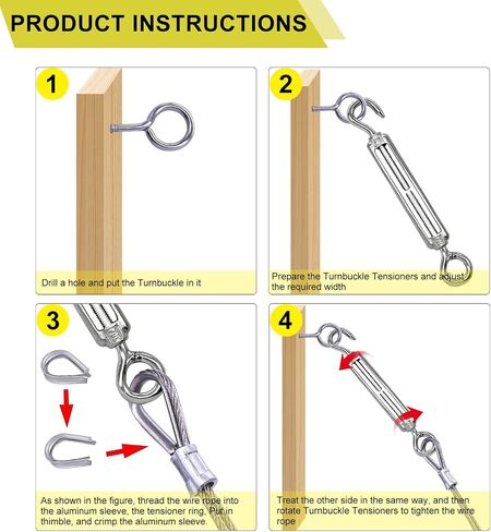 KNLN/304 Stainless Steel 66ft Wire Rope Kit with M5 Turnbuckle Tension Hook and Eye Screw,1/16 Wire Rope Thimbles,Wire Rope Crimping Loop Sleeves for Cable Railing Clothesline DIY Balustrades etc in Kuwait