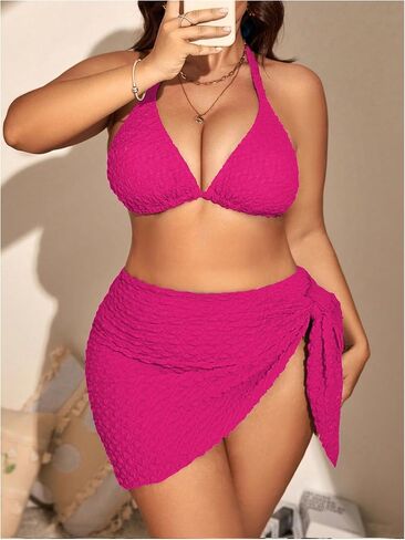 أطقم بيكيني نسائية من MakeMeChic مقاس كبير مكونة من 3 قطع وربطة عنق بدون ظهر ورسن مثلث وبدلة استحمام لتغطية تنانير الشاطئ in Kuwait