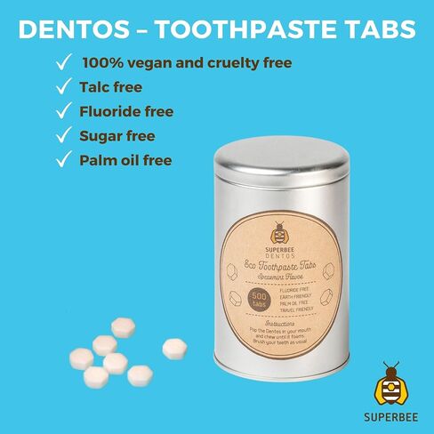 SuperBee Dentos Toothpaste Tablets, 100 Toothpaste Tabs, Fluoride Free & Eco Friendly, Travel Mouthwash Tablets, Sensitive Toothpaste Bites Kids Adults, Chewable Toothpaste Tablet, Spearmint in Kuwait
