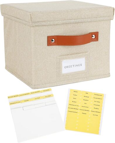Greeting Card Organizer Box with dividers - Storage Box with lid Holds 150+ Cards - Assortment Box for Greeting Cards,Recipes, Photos, Envelopes, Keepsake - 9 x 9 x 7 Inches (Beige, 1 pcs) in Saudi Arabia