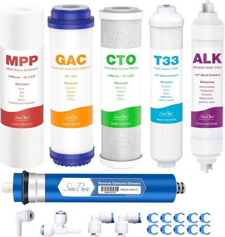 SimPure 5-Stage Reverse Osmosis Replacement Filter Set with 75 GPD RO Membrane, 5pc Pre & Post Replacement Cartridge Pack Kit for Standard 5-Stage Reverse Osmosis RO Systems in Kuwait