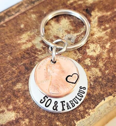 50 & Fabulous Coin Key Chain for 50th Birthday Lucky 1974 Copper Penny Gift for Her in Saudi Arabia