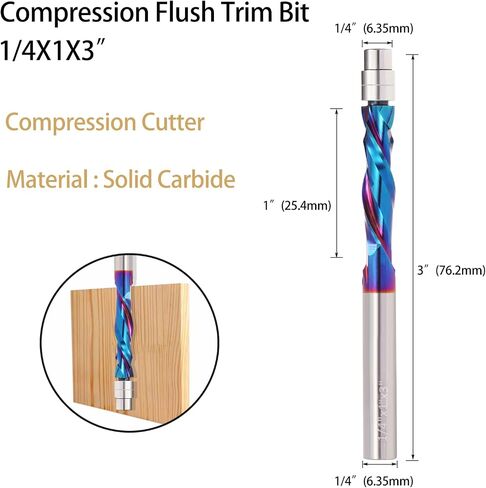 2PCS UP Cut Spiral Flush Trim Router Bit,1/4 Inch Shank 1-1/8 Inch Cutting Length Extra Long 3 Inch OVL,Carbide CNC Router Bit with Nano Coated for Triming in Kuwait