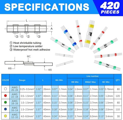 طقم Sanuke 180pcs Solder Seal Seal Countors ، محطات تقليص حرارة مضادة للماء ، موصلات لصق الأسلاك الكهربائية المعزولة لمفصل سلك القارب البحري للسيارات (5 ألوان/5 أحجام) in Kuwait
