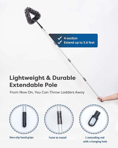 Feather Duster Kit with 5.6ft Extension Pole, 4 Dusting Brush for Cleaning Home Wall Ceiling Fan Cobweb, Microfiber Static Washable Dusters, Black Dark Gray in Kuwait