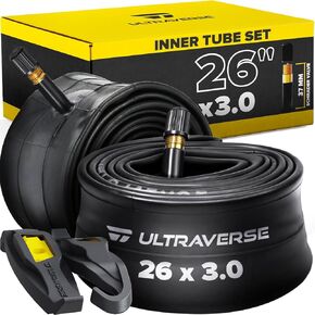 مجموعة الأنابيب الداخلية Ultraverse مقاس 26 × 3.0 مع صمام شريدر - مثالية للدراجات الجبلية والدراجات الإلكترونية بإطارات سميكة مقاس 26 بوصة - أداء متين وموثوق - عبوتان مع رافعات الإطارات