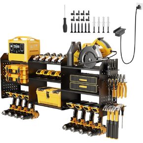 Power Tool Organizer with Charging Station,45.6Inch Upgrade Power Tool Holder Storage Rack,6 Drill Holders ,Heavy Duty Garage Tool Organizer Wall Mount with Screwdriver/6.5FT Power Strip (Black)