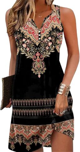 فساتين Ladlop الصيفية للنساء 2024 فستان الشاطئ فضفاض غير رسمي على شكل حرف A بدون أكمام ورقبة على شكل حرف v مع جيوب in Kuwait