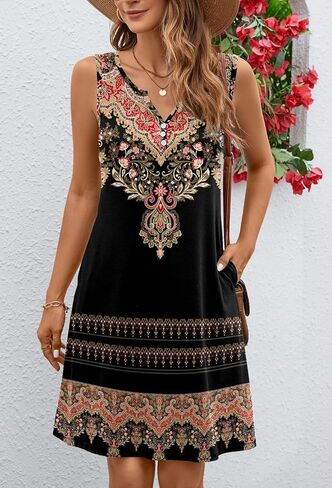 فساتين Ladlop الصيفية للنساء 2024 فستان الشاطئ فضفاض غير رسمي على شكل حرف A بدون أكمام ورقبة على شكل حرف v مع جيوب in Kuwait