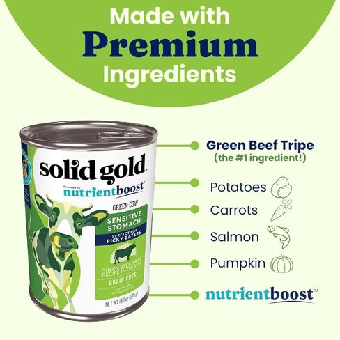 مزيج طعام الكلاب الرطب من البقرة الخضراء الذهبية الصلبة للكلاب البالغة والكبار من أجل أكلة صعب الإرضاء - إضافات طعام الكلاب المعلبة للخلط مع الطعام - أمعاء لحم البقر للمعدة الحساسة - علبة مفردة سعة 13.2 أونصة in Kuwait