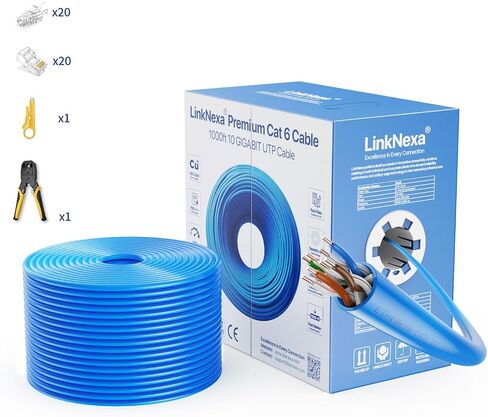 كابل إيثرنت Cat6 بطول 1000 قدم، كابل Cat6، UTP 23AWG 550 ميجا هرتز سلك نحاسي صلب، كابل شبكة Cat 6، دعم 10 جيجا مع مجموعة أدوات تجعيد Cat 6 (أزرق) in Kuwait