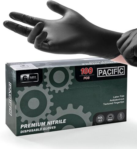 PACIFIC PPE 6-mil Black Nitrile Disposable Gloves, Food-Safe, Powder-Free, Cleaning, Textured Fingertips, Latex-Free, Medium in Kuwait