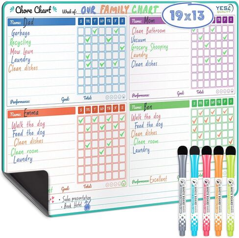 Magnetic Dry Erase Chore Chart (19" x 13"), Behavior Chart for Multiple Kids, Family Weekly Chores Checklist, Stain Resistant Planner for Fridge W/ 5 Colorful Markers in Kuwait