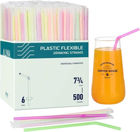 alink 500 -PCS قش شرب مرن الملون الملون ، قش بنيت من البلاستيك - 7.75 "× 0.23" in Kuwait