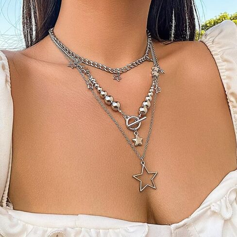 2-3 Pcs Y2k Necklace Layered Star Pendant Necklace Set Fashion Hollow Five-Pointed Star Choker Necklace Simple For Women Girls Jewelry Gift in Saudi Arabia