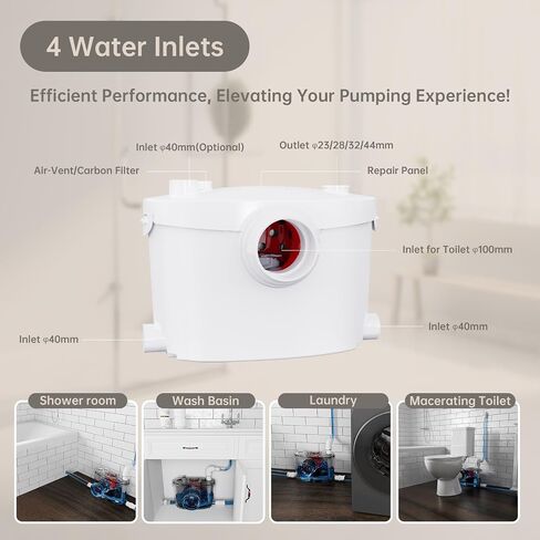 Simple Project 750w Macerator Pump, Basement Toilet Pump System 36 Ft/10 M Head, Sewerage Grinder Macerator Pump With 4 Water Inlets For Macerating Toilet, Shower, Bathtub Waste Water Disposal in Kuwait