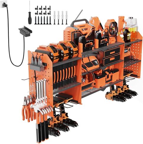 منظم أدوات الطاقة مع محطة شحن ، 45.6 بوصة الحامل رف تخزين حامل أدوات الطاقة ، 6 حاملين ، حائط من منظم أدوات المرآب الشاق مع الشريط الكهربائي 6.5 قدم (أسود) in Kuwait