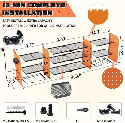 منظم أدوات الطاقة مع محطة شحن ، 45.6 بوصة الحامل رف تخزين حامل أدوات الطاقة ، 6 حاملين ، حائط من منظم أدوات المرآب الشاق مع الشريط الكهربائي 6.5 قدم (أسود) in Kuwait