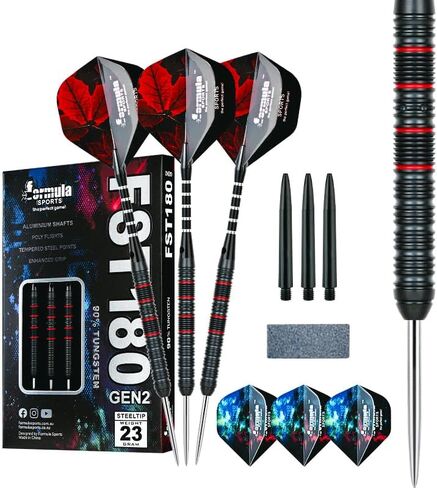 Formula Sports 90% Tungsten Darts Metal Tip Set - Professional Steel Tip Darts Set with 2 Style Flights and Shafts, Available in 21g/22g/23g/24g Metal Tip Darts, Sharpener, Gift Box in Kuwait