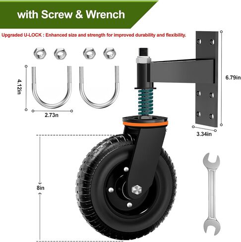 8inch Fence Gate Wheels with Brake - Heavy Duty Gate Wheels for Metal Tube Gate Wooden Fence Gate, 600lb Capacity 360 Degree Rotation Spring-Loaded Farm Garden Caster with Screws & Screwdriver, 2 Pack in Kuwait