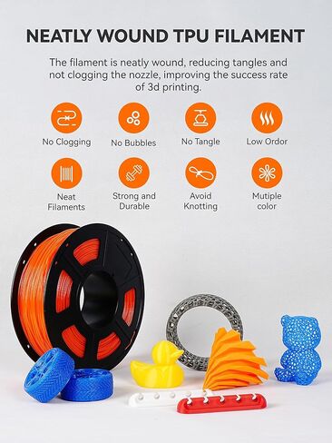 TPU Filament 1.75mm, 95A 3D Printer Filament, Flexible TPU Filament for Fast Printing, 250G Spool, 8 Rolls, 2KG in Total, Black+White+Transparent+Grey+Red+Blue+Green+Orange in Kuwait