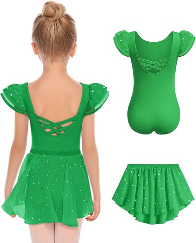 Zaclotre Girls Ballet Leotards with Removable High Low Skirt Toddler Ruffle Sleeve Hollow Back Dance Outfit Combo in Kuwait