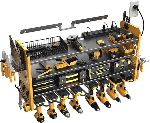 منظم أدوات الطاقة SUPERDANNY على الحائط، قابل للتعديل 4 طبقات 4 رفوف تخزين المثقاب، منظمة المرآب، أداة شماعات المثقاب اللاسلكي، حامل البطارية، رف تخزين عالي التحمل، هدايا للرجال في عيد الميلاد in Kuwait