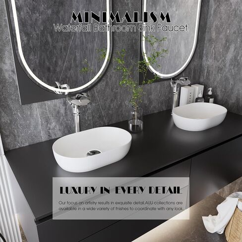 Elegant Bathroom Sink Faucet Single Hole,AUU Waterfall Matte Black Vessel Sink Faucet Solid Brass,Single Handle Tall Bowl Sink Faucet with Pop Up Drian Supply Line (Black, Tall) in Saudi Arabia