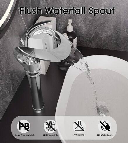 Elegant Bathroom Sink Faucet Single Hole,AUU Waterfall Matte Black Vessel Sink Faucet Solid Brass,Single Handle Tall Bowl Sink Faucet with Pop Up Drian Supply Line (Black, Tall) in Saudi Arabia