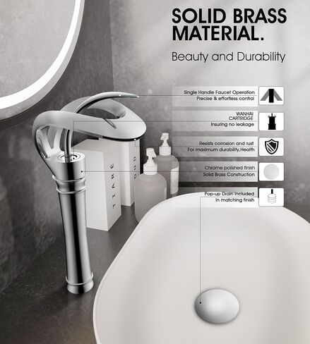 Elegant Bathroom Sink Faucet Single Hole,AUU Waterfall Matte Black Vessel Sink Faucet Solid Brass,Single Handle Tall Bowl Sink Faucet with Pop Up Drian Supply Line (Black, Tall) in Saudi Arabia
