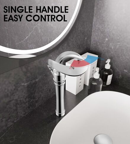 Elegant Bathroom Sink Faucet Single Hole,AUU Waterfall Matte Black Vessel Sink Faucet Solid Brass,Single Handle Tall Bowl Sink Faucet with Pop Up Drian Supply Line (Black, Tall) in Saudi Arabia