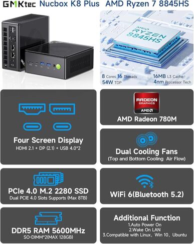 GMKtec Gaming Mini PC, AMD Ryzen 7 8845HS, Windows 11 Pro, 64GB DDR5 RAM (32GBx2), 1TB PCIe 4.0 SSD, Dual 2.5Gbps LAN, USB4.0, HDMI, DisplayPort,USB-C,WiFi 6E,Bluetooth5.2,High-Performance Computer K8 in Saudi Arabia