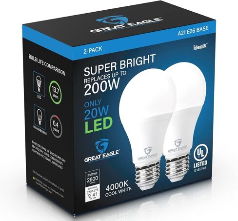 Great Eagle Lighting Corporation Super Bright 150W-200W LED Light Bulb 2600 Lumens, A21 Non-Dimmable 3000K Soft White, High Lumen, UL Listed (2-Pack) in Kuwait