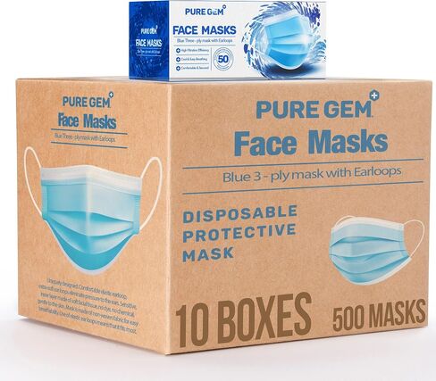 PURE GEM [Pack of 100] Single Use Disposable Blue Face Mask, Soft on Skin, 3-ply Masks Facial Cover with Elastic Earloops Great For Home, Office, School, and Outdoors in Kuwait