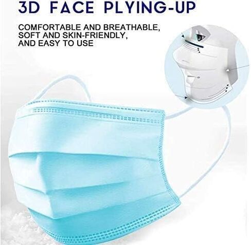 PURE GEM [Pack of 100] Single Use Disposable Blue Face Mask, Soft on Skin, 3-ply Masks Facial Cover with Elastic Earloops Great For Home, Office, School, and Outdoors in Kuwait