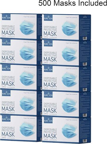 PURE GEM [Pack of 100] Single Use Disposable Blue Face Mask, Soft on Skin, 3-ply Masks Facial Cover with Elastic Earloops Great For Home, Office, School, and Outdoors in Kuwait