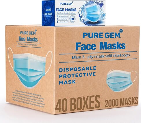 PURE GEM [Pack of 100] Single Use Disposable Blue Face Mask, Soft on Skin, 3-ply Masks Facial Cover with Elastic Earloops Great For Home, Office, School, and Outdoors in Kuwait