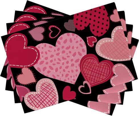 Seliem Valentine's Day Pink Black Love Heart Table Runner, Red Buffalo Plaid Check Polka Dot Stripe Scarf Home Kitchen Decor, Wedding Anniversary Farmhouse Burlap Dining Decoration Party Supply 13X72 in Kuwait