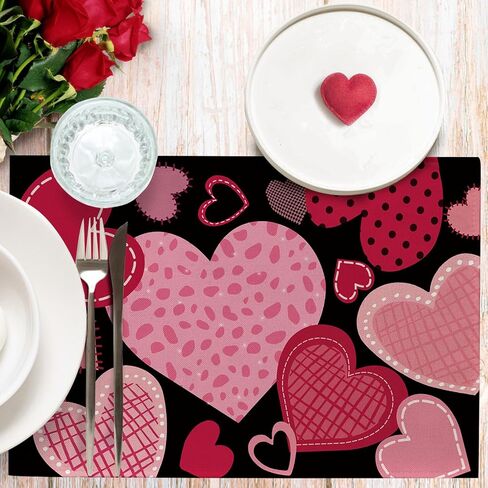 Seliem Valentine's Day Pink Black Love Heart Table Runner, Red Buffalo Plaid Check Polka Dot Stripe Scarf Home Kitchen Decor, Wedding Anniversary Farmhouse Burlap Dining Decoration Party Supply 13X72 in Kuwait
