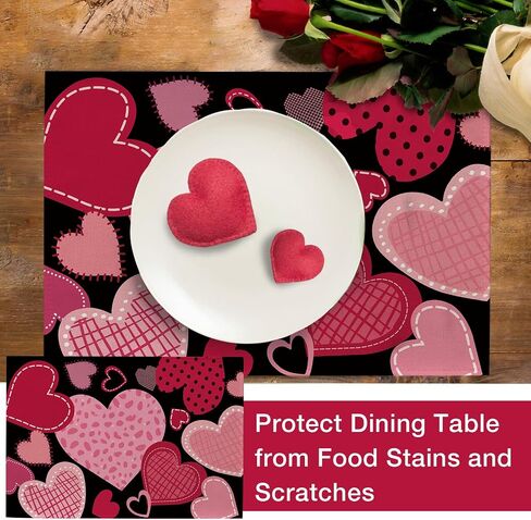 Seliem Valentine's Day Pink Black Love Heart Table Runner, Red Buffalo Plaid Check Polka Dot Stripe Scarf Home Kitchen Decor, Wedding Anniversary Farmhouse Burlap Dining Decoration Party Supply 13X72 in Kuwait