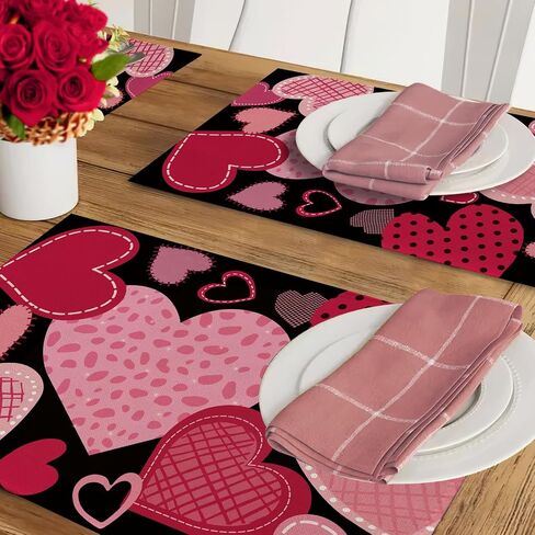 Seliem Valentine's Day Pink Black Love Heart Table Runner, Red Buffalo Plaid Check Polka Dot Stripe Scarf Home Kitchen Decor, Wedding Anniversary Farmhouse Burlap Dining Decoration Party Supply 13X72 in Kuwait