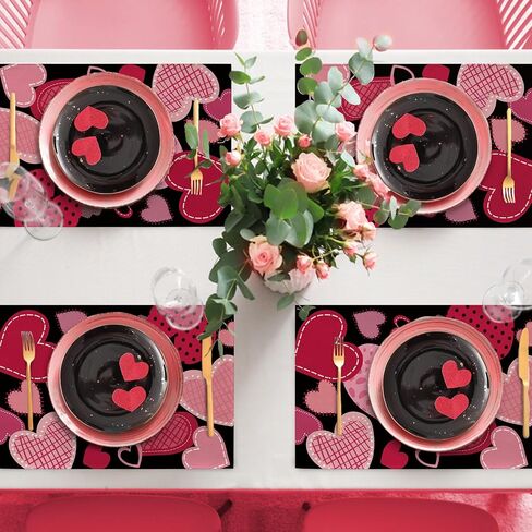 Seliem Valentine's Day Pink Black Love Heart Table Runner, Red Buffalo Plaid Check Polka Dot Stripe Scarf Home Kitchen Decor, Wedding Anniversary Farmhouse Burlap Dining Decoration Party Supply 13X72 in Kuwait